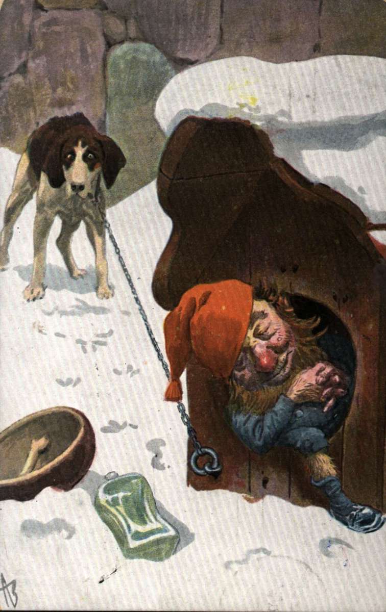 Postkort. Jule- og nyttårshilsen. Vintermotiv. Hund og hundehus. En beruset, sovende julenisse ligger halvveis inne i hundehuset. En tomflaske ligger ved siden av han. Hunden ser forskrekket på nissen. Illustrert av Andreas Bloch (1860-1917). Poststemplet 23.12.1908.