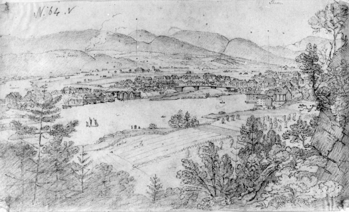 Skien
Fra skissealbum av John W. Edy, "Drawings Norway 1800".