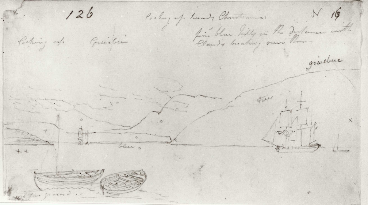 Oslo, Christiania, Oslofjorden. Blyantskisse av John Edy: Drawings, Norway, 1800. "Looking up towards Christiania". Skissealbum utlånt av Deichmanske bibliotek.
