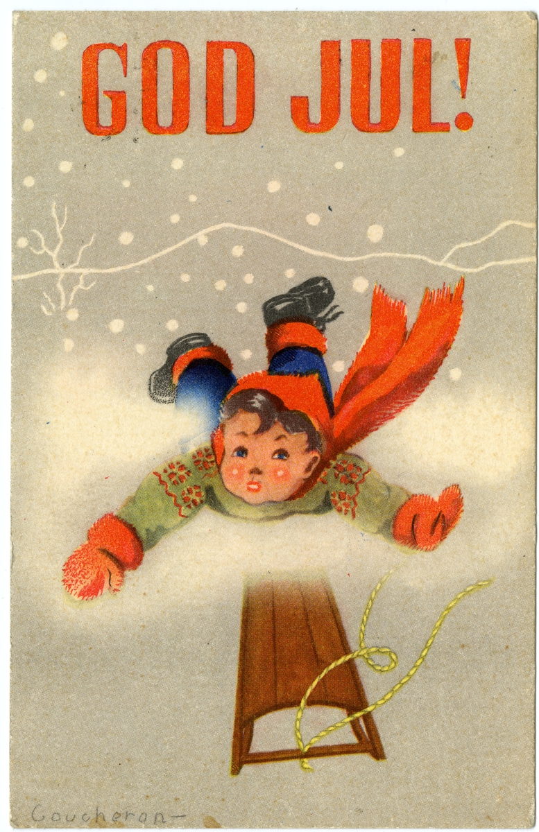 Postkort/julehilsen. Gutt med kjelke. Motivet er tegnet av Anne Eline Coucheron. Kortet er poststemplet 24.12.1945.