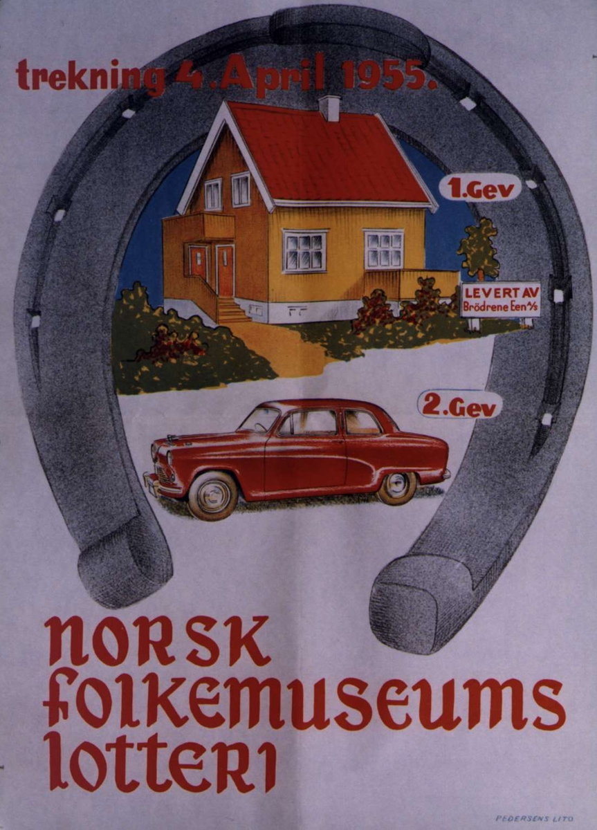 Plakat. Lotteri på Norsk Folkemuseum i 1955.