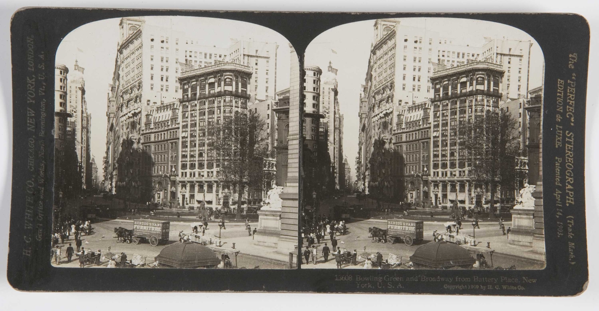 Stereoskopi. Oversiktsbilde over New York, USA, med borg i bakgrunnen. 