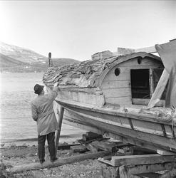 Gammel trebåt under arbeid. Bodø mars 1963. Nordlandsjekte(?