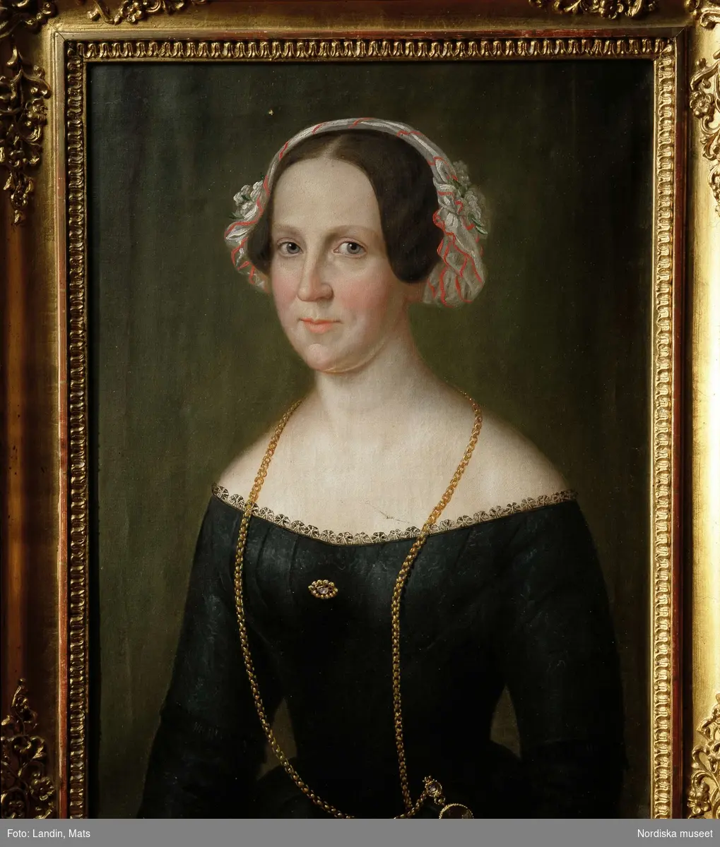 Porträtt av fru Ulrika Jansson, född Fogelmarck. Oljemålning av C P Lehman, 1849.
Nordiska museets föremål inv.nr 117515.