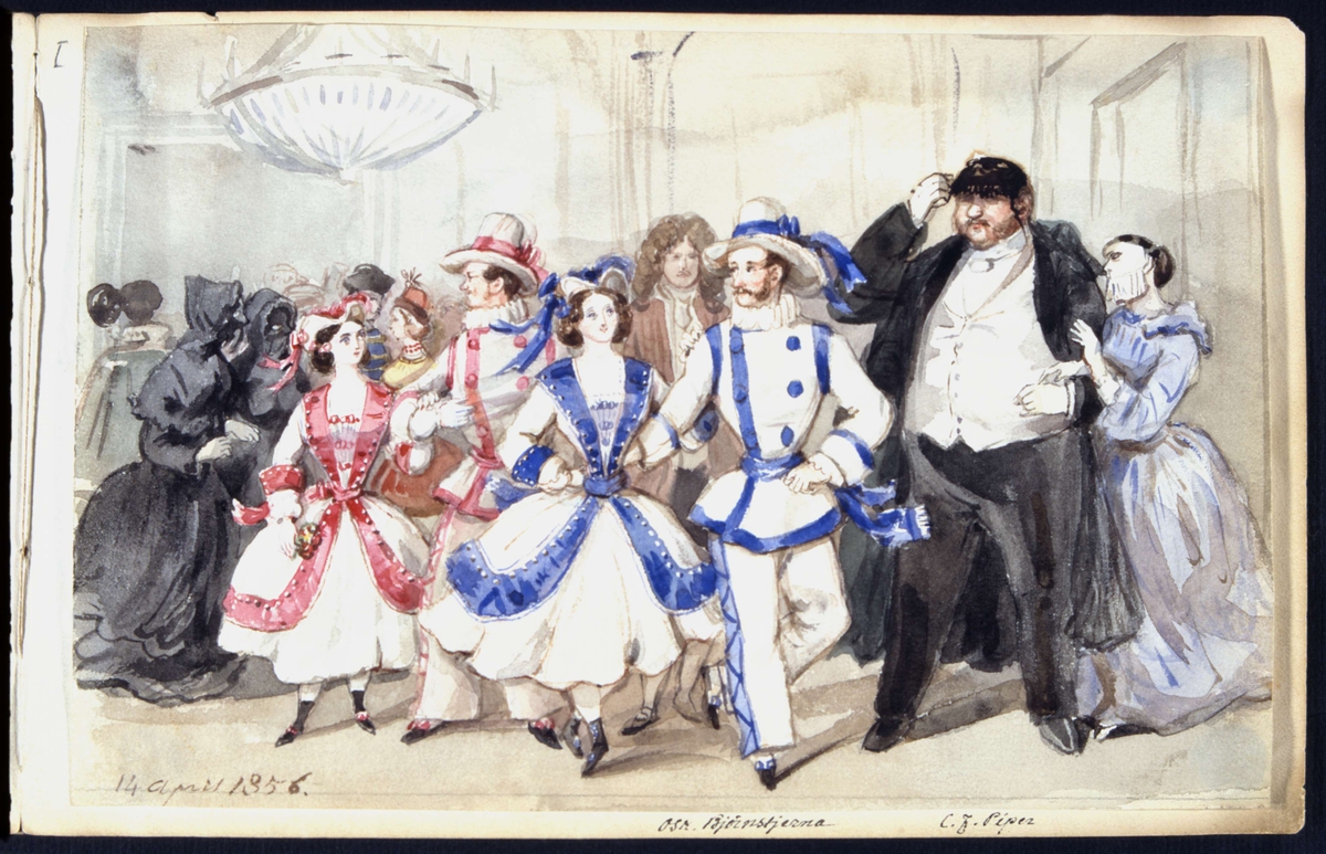 Maskeradbal 14 april 1856. Oscar Björnsjerna och C F Piper bland övriga gäster. Akvarell av Fritz von Dardel.