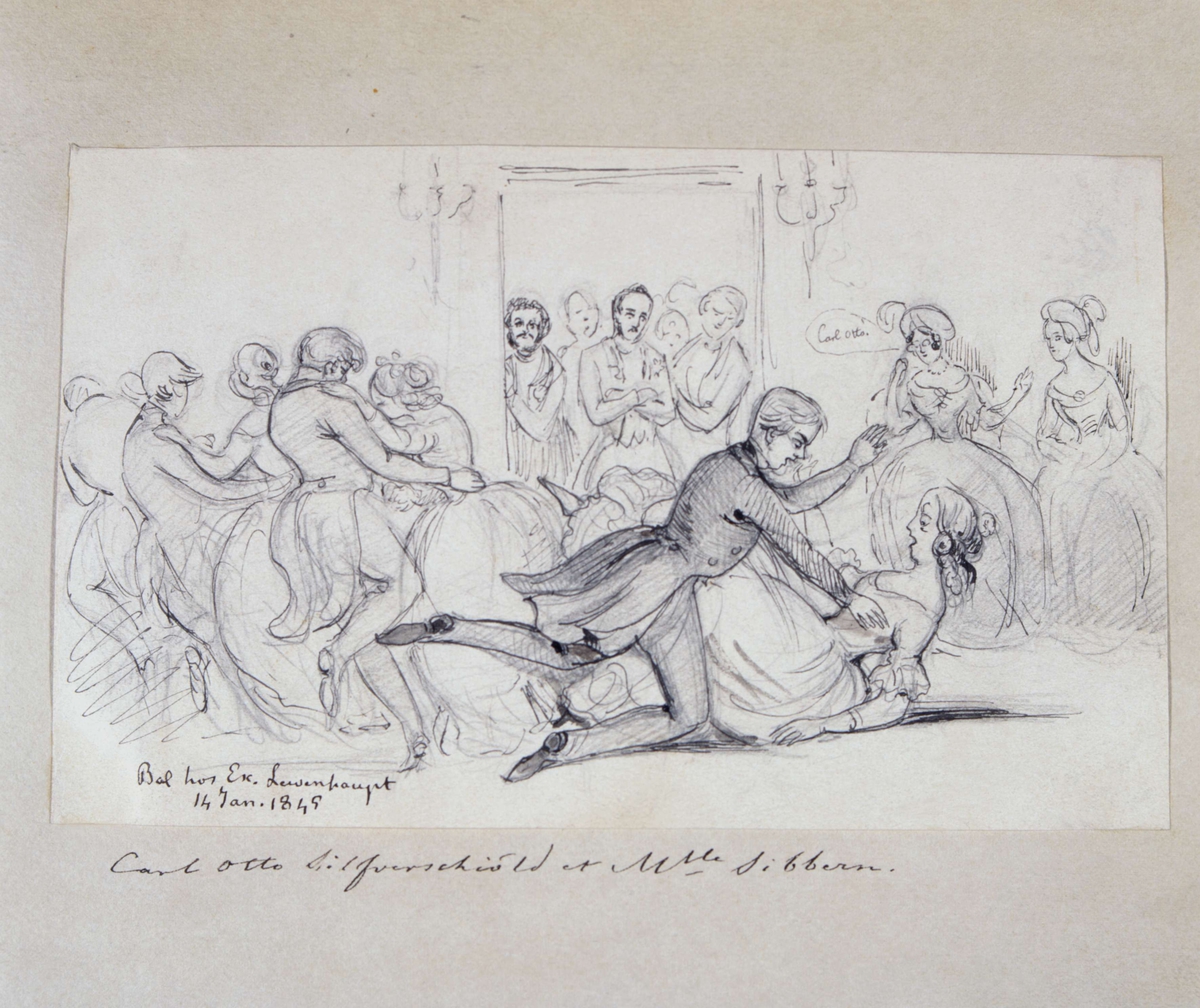 "Bal hos Exc. Lewenhaupt 14 jan. 1849. Carl Otto Silverschiöld et Mlle Sibbern." Tuschteckning av Fritz von Dardel.