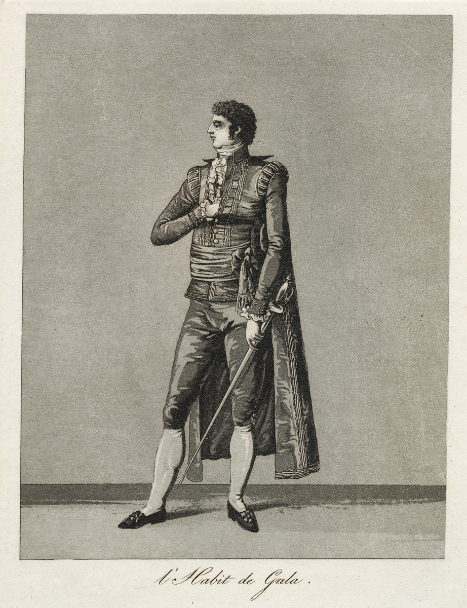 Gustaf III:s nationella dräkt/svenska dräkten. "L'Habit de Gala".  Herre i galavariant av hovdräkten. Akvatint trol. av Johan Abraham Aleander, 1780-tal.