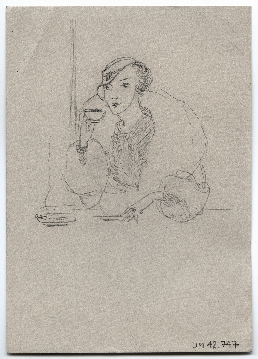 Kvinna på café samt kvinna betraktande bioaffisch, 1930-tal
