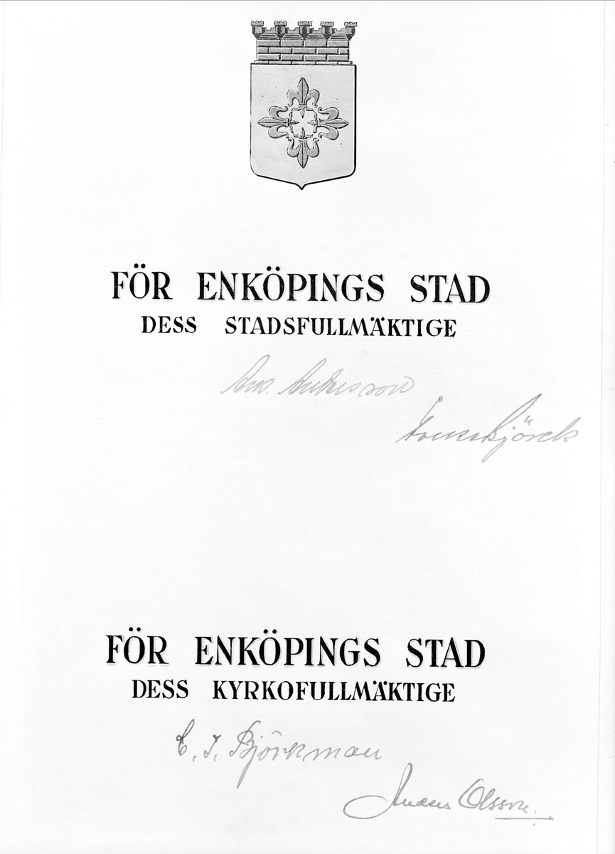 Trycksak - "För Enköpings stad, dess stadsfullmäktige", med underskrifter, Enköping, Uppland december 1947