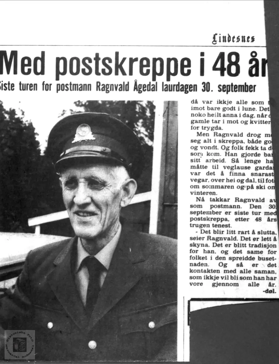 Portrett av Rangvald Ågedal.Med postskreppa i 48 år.