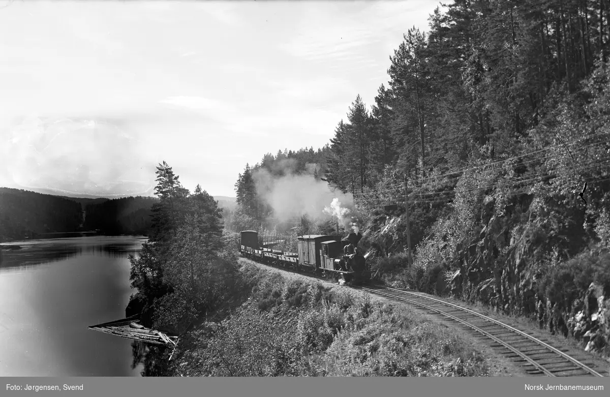 Godstog med damplokomotiv ved innkjøringen til Iveland stasjon