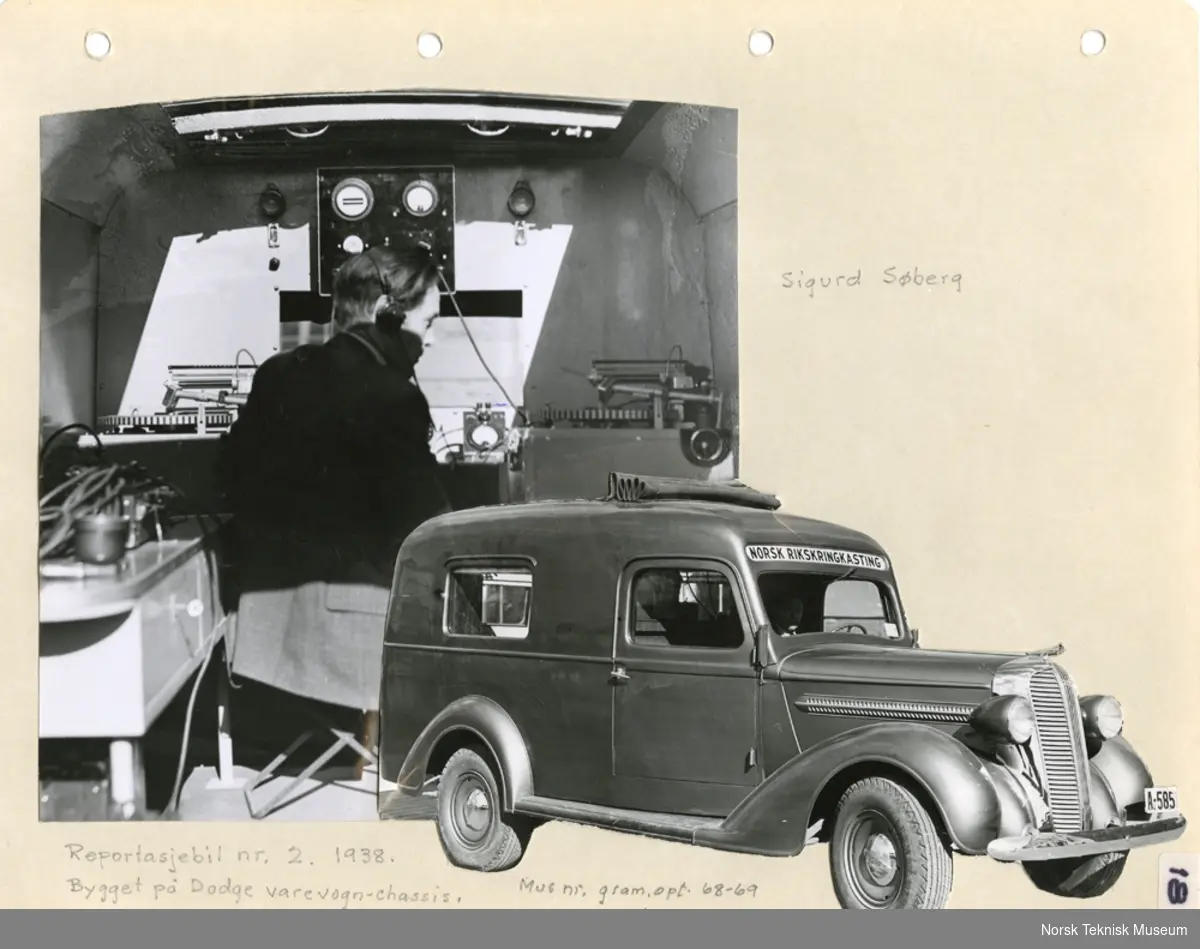 Reportasjebil nr 2, 1938, bygget på Dodge varvogn-chassis. Montert sammen med bilde av Sigurd Søberg som sitter inne i bilen