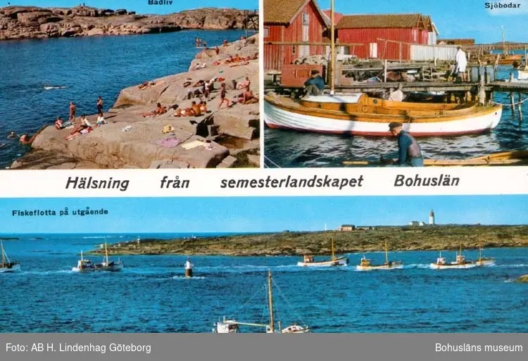 Tryckt text på kortet: "Hälsning från semesterlandskapet Bohuslän."
"Badliv, Sjöbodar, Fiskeflotta på utgång."