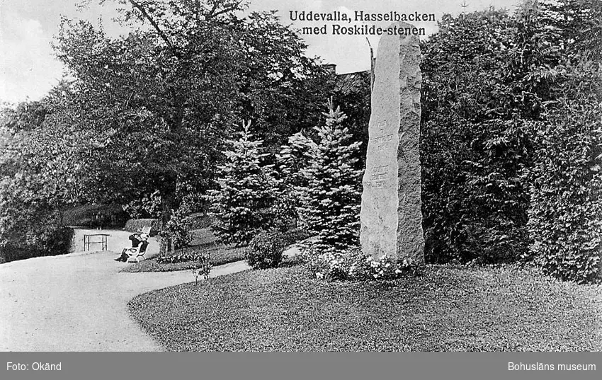 Tryckt text på vykortets framsida: "Uddevalla. Hasselbacken med Roskilde-stenen".