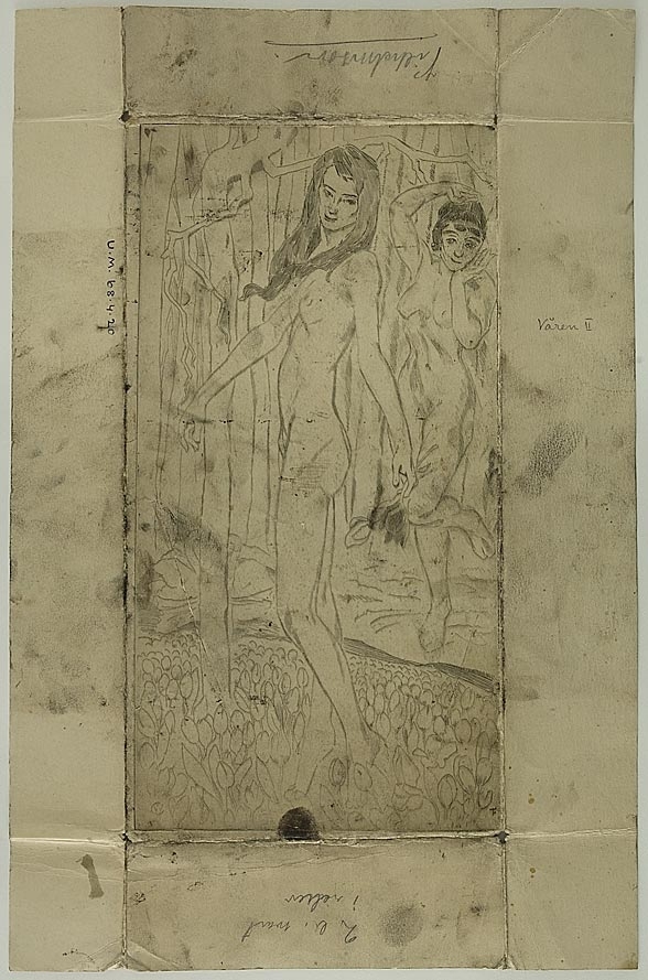 Två nakna kvinnor på äng med tulpaner