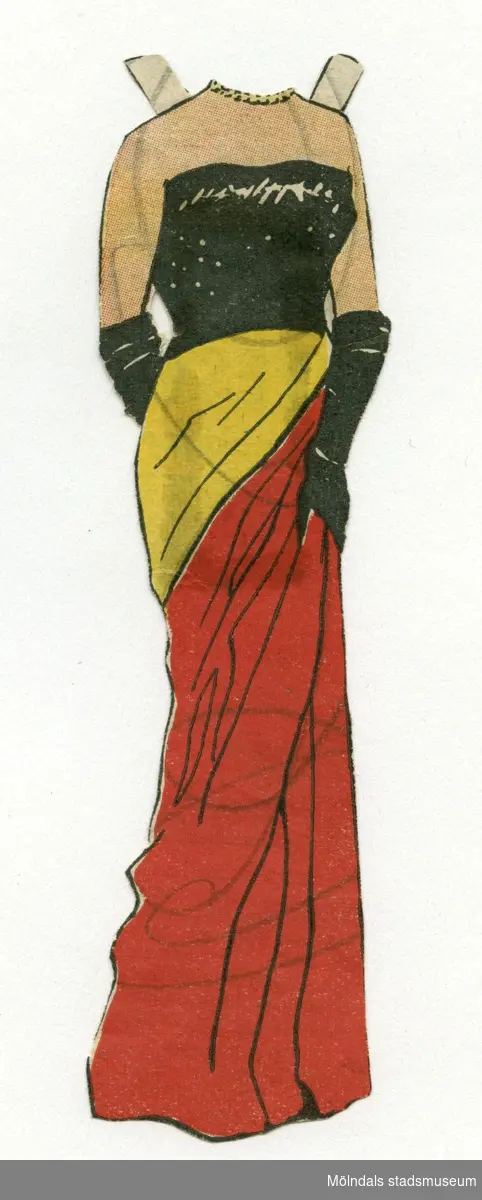 Aftonklänning i svart, gult och rött till pappersdocka, urklippt ur Hemmets Veckotidning på 1950-talet. På urklipp, fasttejpat på baksidan, står: "Högelegant blir dockan Gina, som liknar Gina Lollobrigida, i denna aftonklänning. Hon var iförd i nr 38. I näst nr ett nytt vackert plagg." Gina Lollobrigida (1927-) är en italiensk skådespelerska som var mycket populär under 1950-talet. Pappersklänningen förvaras i ett litet kuvert av smörpapper (MM 04624-2) med tryckt text: "113 Hedvall", samt handskrivet: "Hemmets Veckotidningen, Pappersdockor". I kuvertet förvaras även andra dockor och kläder (MM 04624-04635).