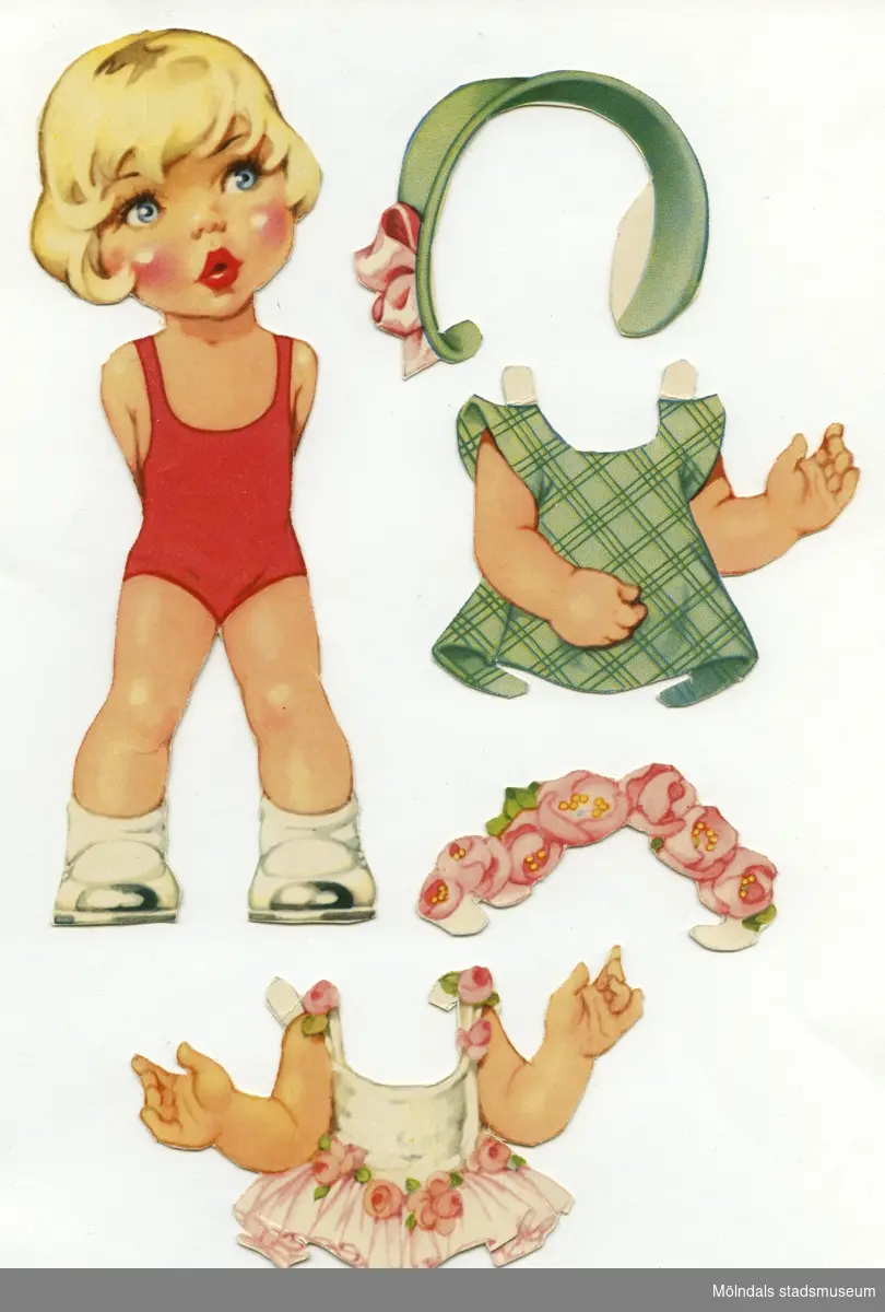 Pappdocka med kläder och tillbehör från 1950-talet. Docka och kläder är märkta "Christina" på baksidan - dockans namn. Dockan föreställer en liten flicka med blont hår och blå ögon, iklädd röd baddräkt, strumpor och skor. Garderoben består av två klänningar med hatt, en klänning med slöja och bukett, samt en balettklänning med blomsterkrans. Hon har också tillbehör, såsom två kakaduor, en korg med målade ägg, en blombukett, samt en egen docka med hätta, nappflaska och vagn. Docka och kläder förvaras i ett ihopvikt silkespapper, tillsammans med en annan docka (MM 04682).