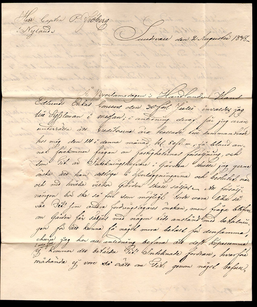 Albumblad innehållande 1 monterat förfilatelistiskt brev

Text: Brev från Sundsvall den 3 augusti 1838 till Nyland

Stämpeltyp: Normalstämpel 7