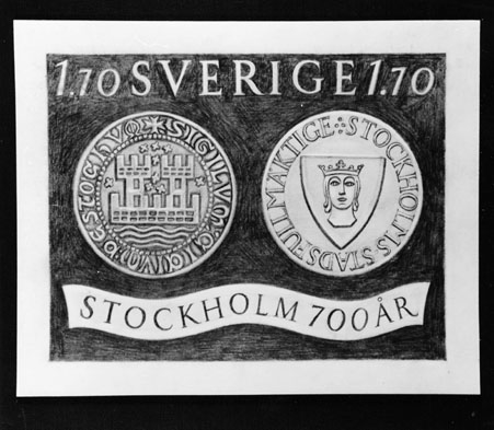Frimärksförlaga till frimärket Stockholm 700 år, utgivet 17/7 1953. Stockholms äldsta sigill från 1296 och det
nuvarande med S:t Erik. Valör 1:70 kr.