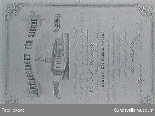 Aktiebrev i Aktiebolaget för Sjöbad, utställt på Herr J.F. Cornell.