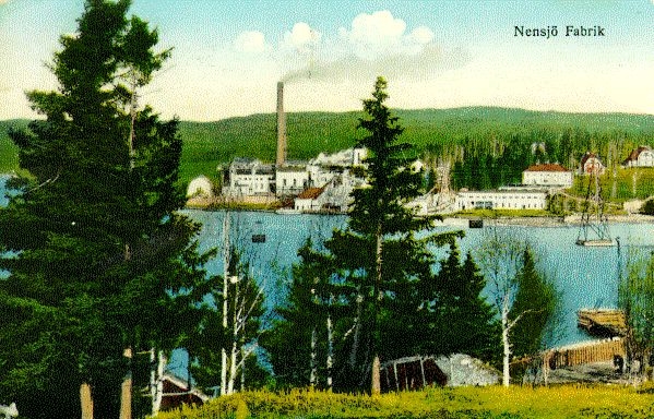 Nensjö Cellulosa AB, anlagd 1914-1915, övergick till SCA 1951, nedlagd 1964. Kolorerad bild.