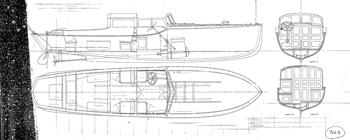 Snabbgående motorbåt.

Skiss; inredningsritning i profil, plan och sektioner