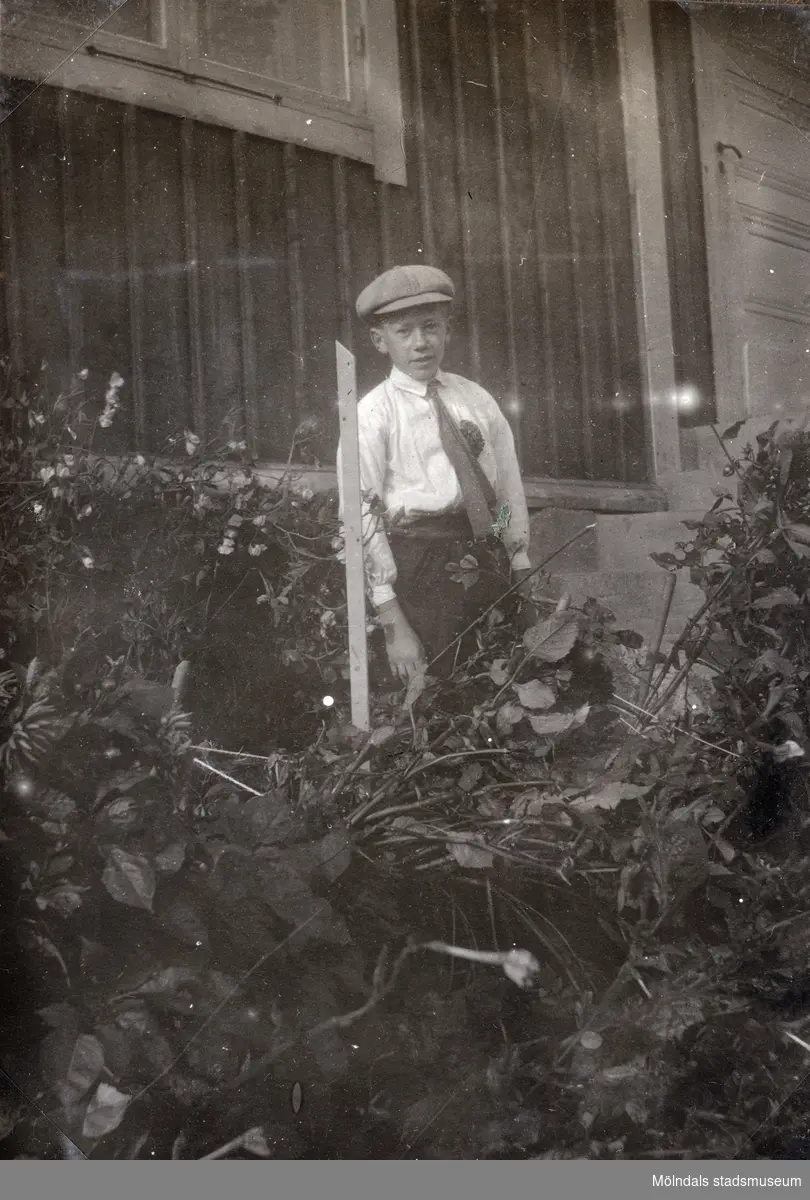 Åke Börjesson som pojke fotograferad i trädgården. Fotografi ur album som tillhört Åke Börjesson.