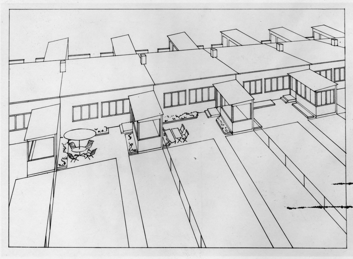 Stockholmsutställningen 1930 Egnahem 50, radhus: perspektivritning ...