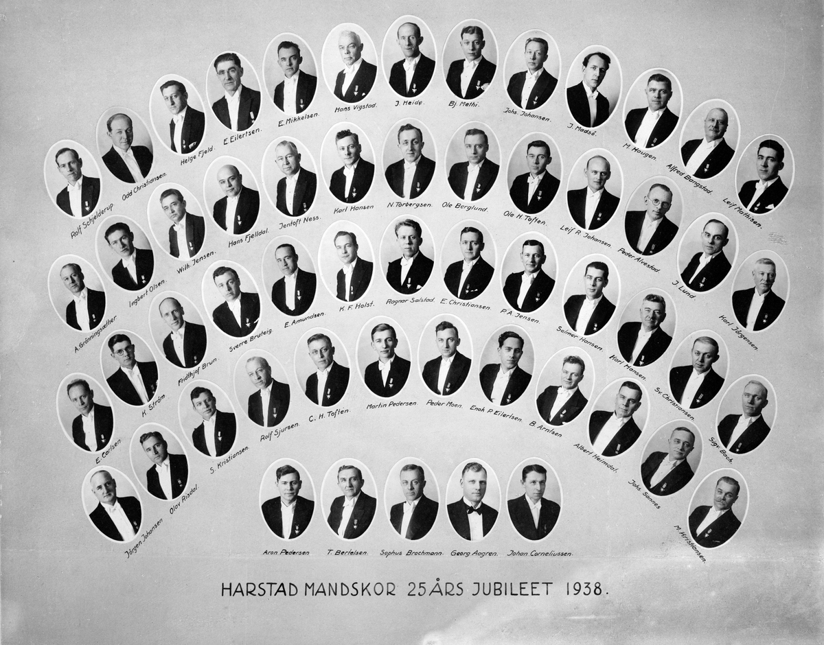 Montasje av medlemmene i Harstad Mandskor, 1938.