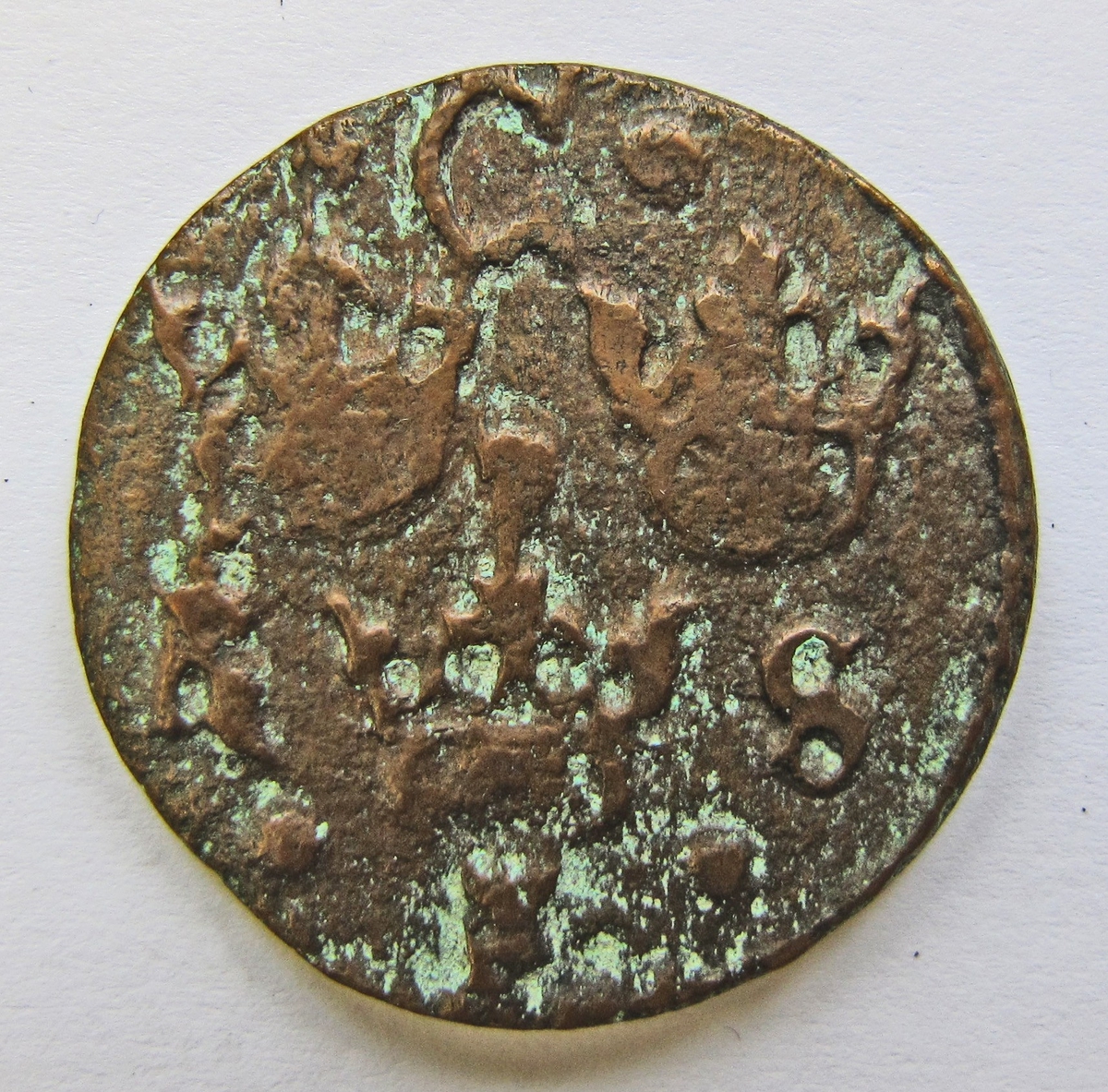 Kristina, 1/4 öre av koppar. Präglat i Säter 1638. Ingår i en samling mynt: inv.nr.02 751 - 02 762.