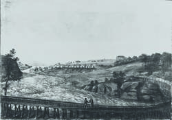 Maleri av tømmerrennene for Hafslundbruket.