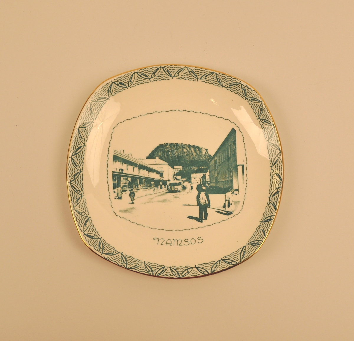 Motivet er eit utsnitt frå eit foto eller postkort som viser Havnegata i Namsos med byfjellet Bjørumsklompen i bakgrunnen. Kanten av fatet er dekorert med stiliserte fiskar satt saman som eit  sikk-sakkband med små bylgjer imellom