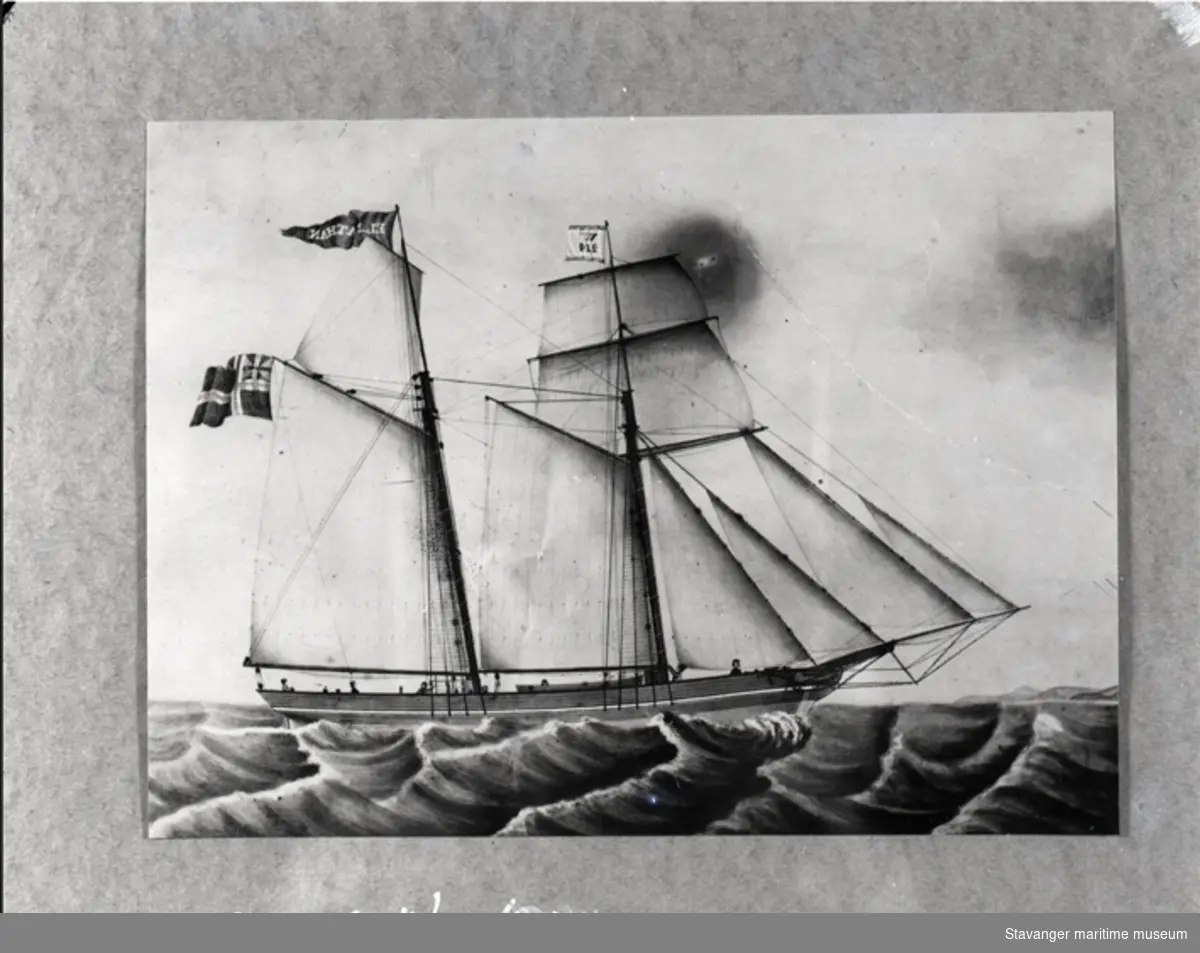 Avfotografert skipsportrett av skonnert "El Nathan", 55 com.1. bygget i Stavanger 1850. Reder: Ole Knudsen.