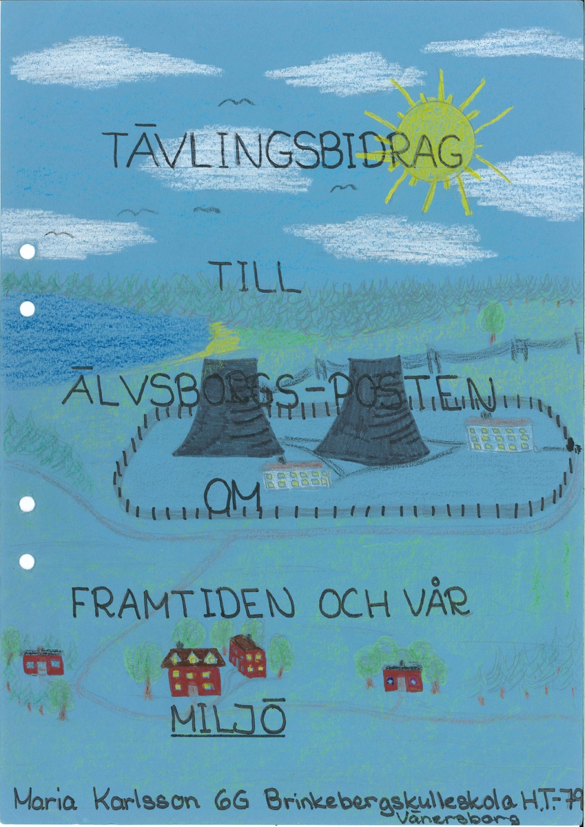 Uppsats om en framtidsversion om år 2000 skriven 1979.

Framsidan är ett blått papper med en teckning med ett kärnkraftverk. i framkant finns fyra röda hus och i bakgrunden vatten och skog. Överest lyser en gul sol. Titeln är "Tävlingsbidrag till Älvsborgsposten om framtiden och vår miljö".

Ingår i en samling innehållande 98 st Uppsatser. 103 st Teckningar gjorda av skolbarn, från norra länsdelen.

Från en tävling. ''Framtiden och vår miljö'', annordnad av Älvsborgs-posten i samarbete med Älvsborgs Länsmuseum. Utställning. 19 Dec. 1979.