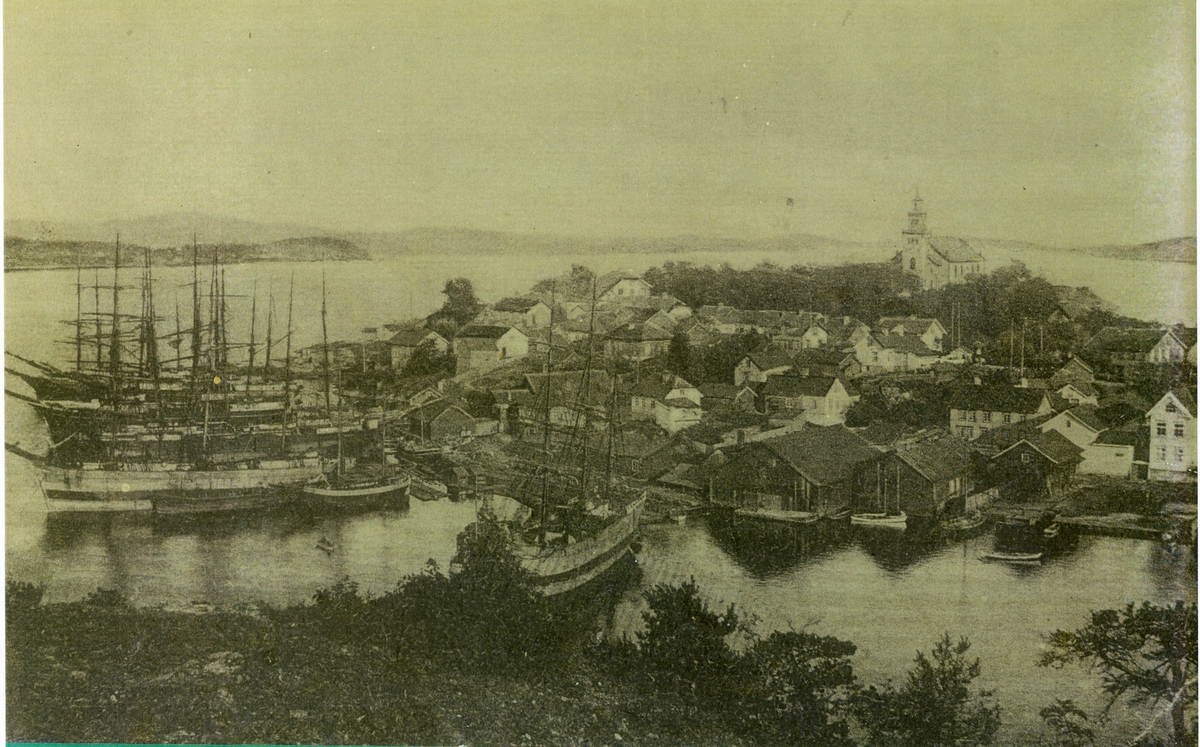 Øya i Brevik med Røeverven og kirka, ca. 1890