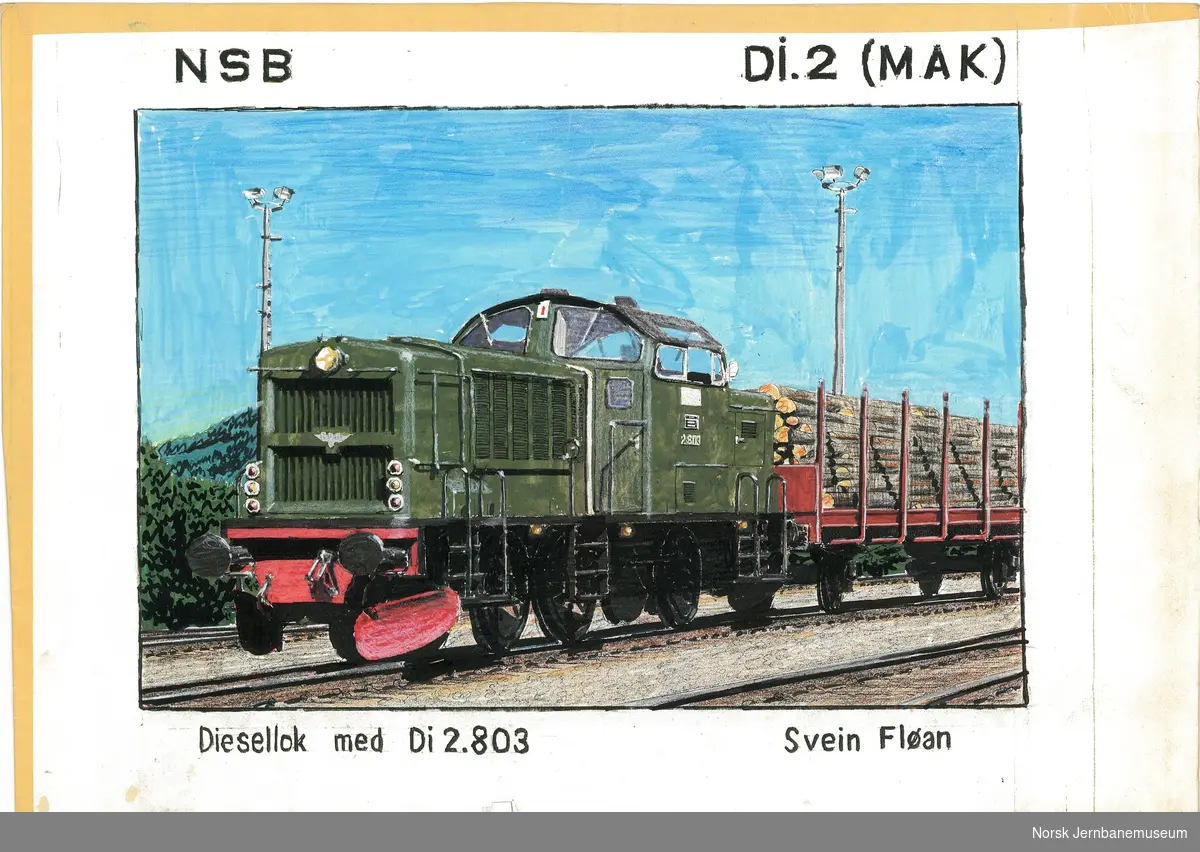 Tegning "NSB Di2 (MAK) Diesellok med Di 2.803"
tegning på papir med tape rundt kantene