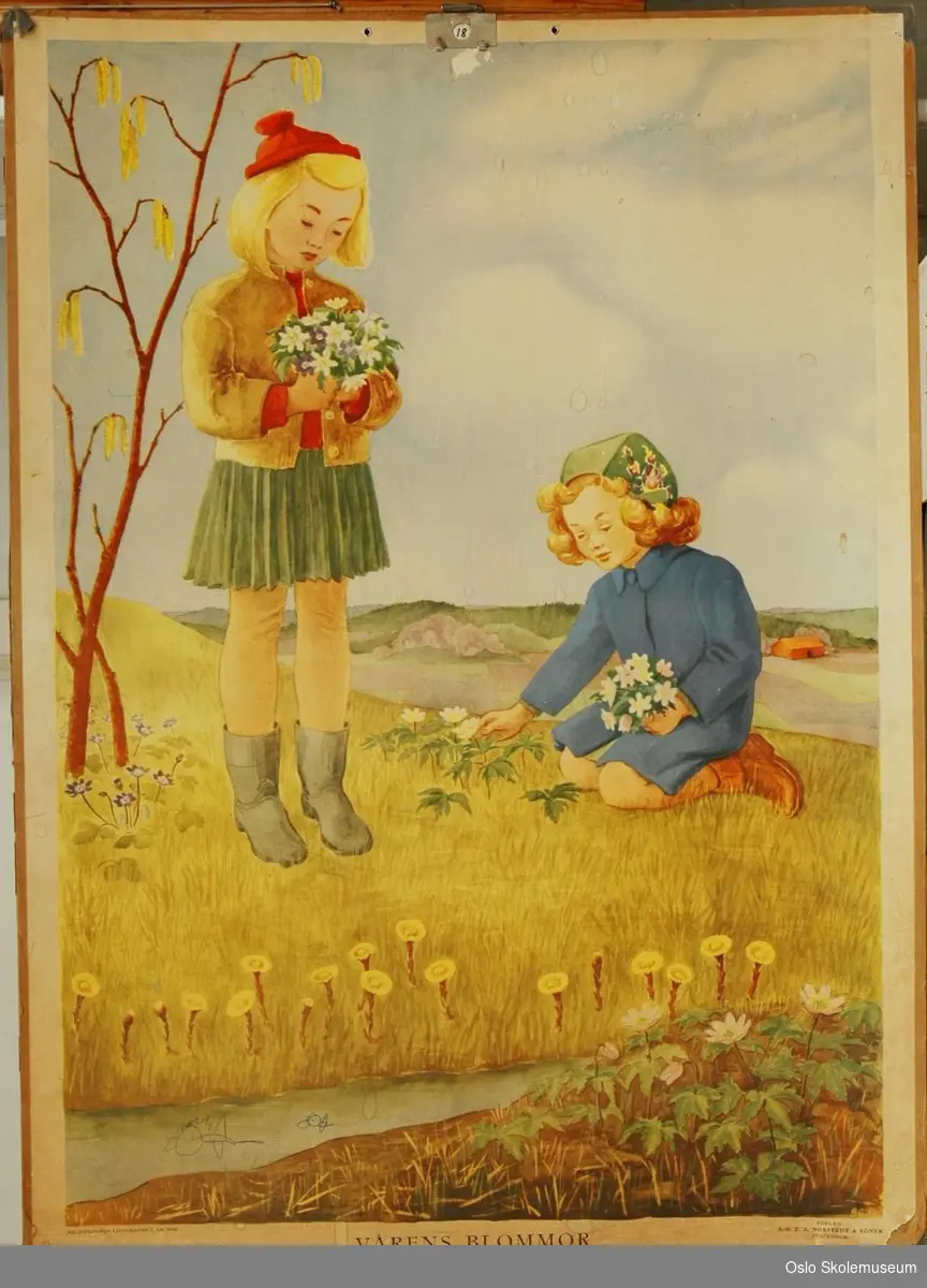 To jenter i et vårlig landskap som plokker blomster (hvitveis). Hestehov og blåveis er også avbildet.