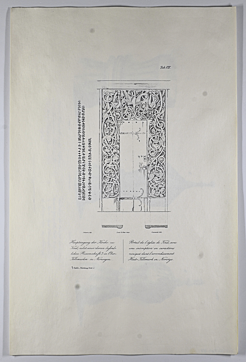 Mappen inneholder 9 stk ark med tegninger (litografier)av Urnes kirke og detaljer.