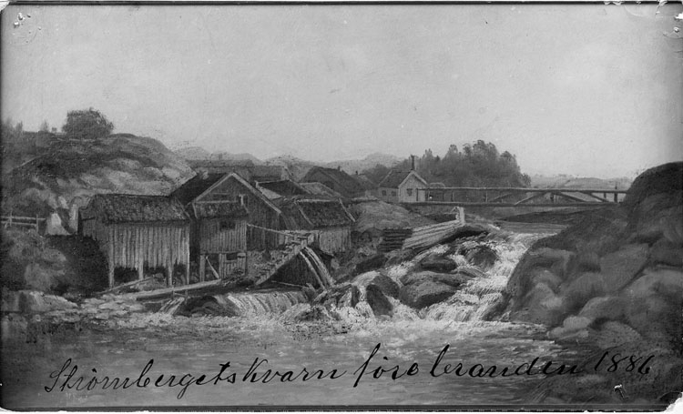 Enligt text skrivet på kopian: "Strömbergets Kvarn före branden 1886
från nordost".
