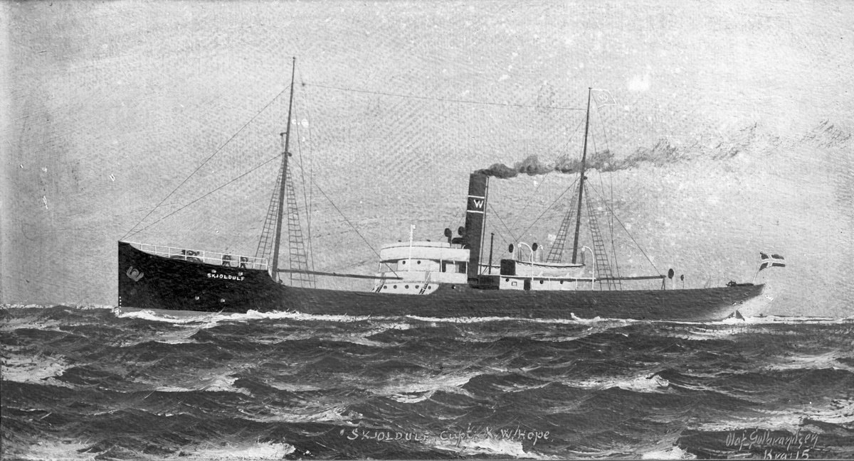 Avfotografert maleri av dampskipet D/S "SKJOLDULF" fra Haugesund på åpent farvann.