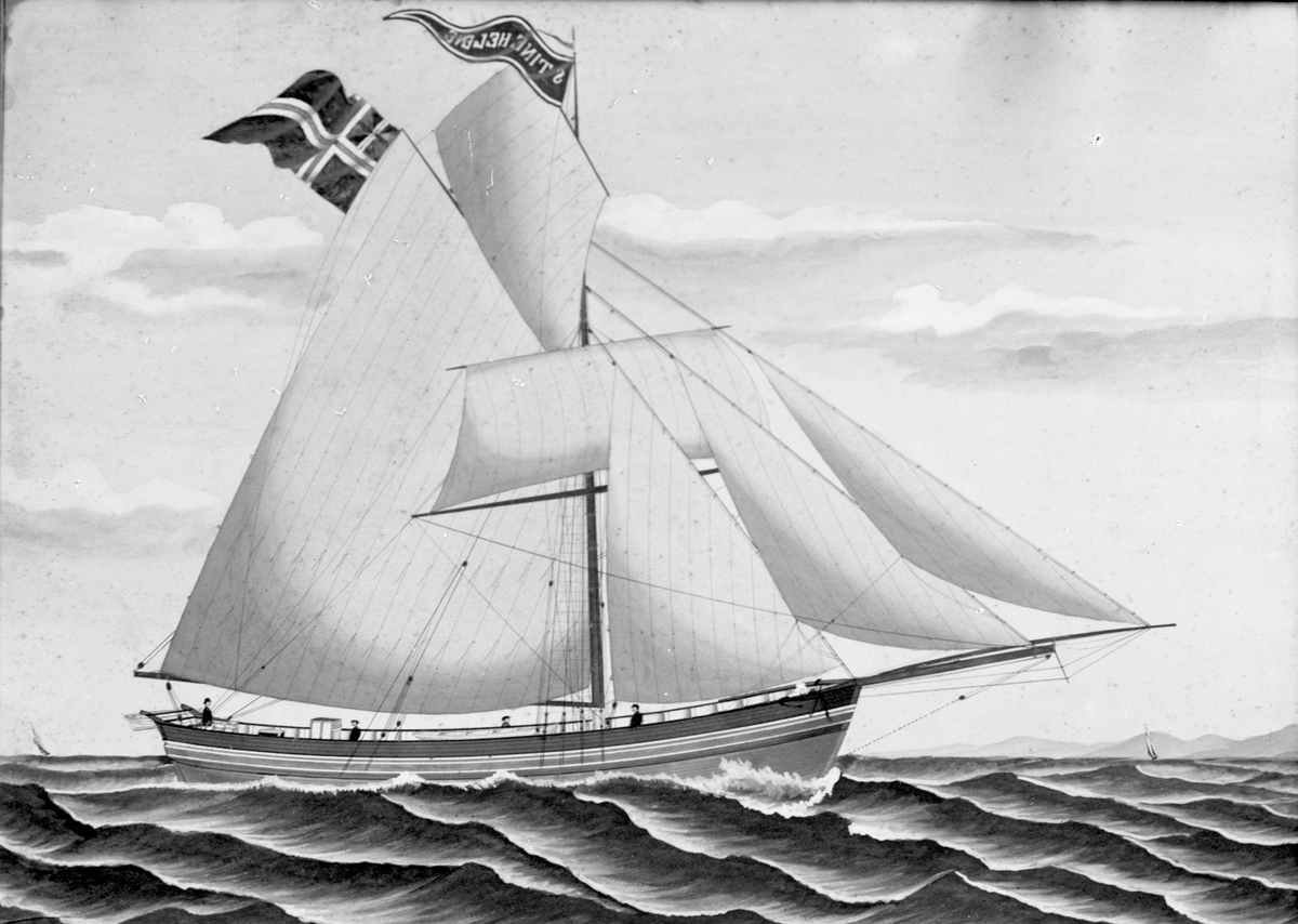 Avfotografert maleri av jakta "Stine Helene" for fulle seil med land bak til høyre.