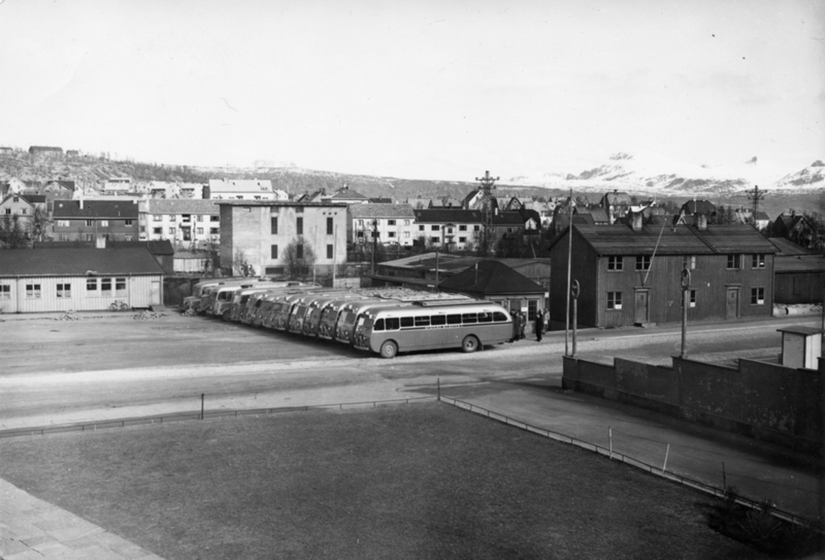 Narvik ( Ofotens bilruter a/s ), busser Svenskhus. Brakke. Narvik torv.