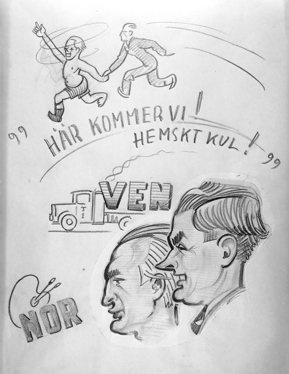 Karikatyrbild av militärer ur flygvapnet, 1930-tal.  Märkt 'VEN', 'NOR'.   Avfotograferad teckning.