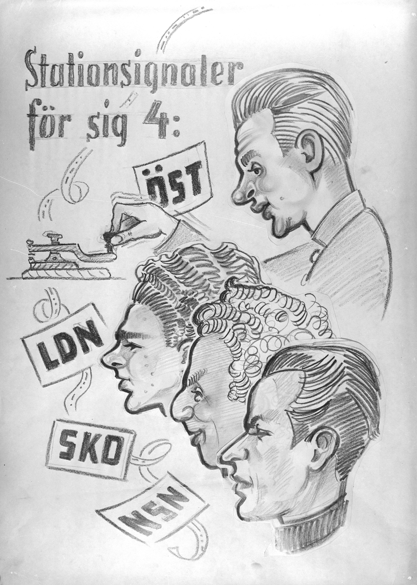 Karikatyrbild av militärer ur flygvapnet, 1930-tal.  Märkt 'ÖST', 'LDN', 'SKO', 'NSN'.   Avfotograferad teckning.