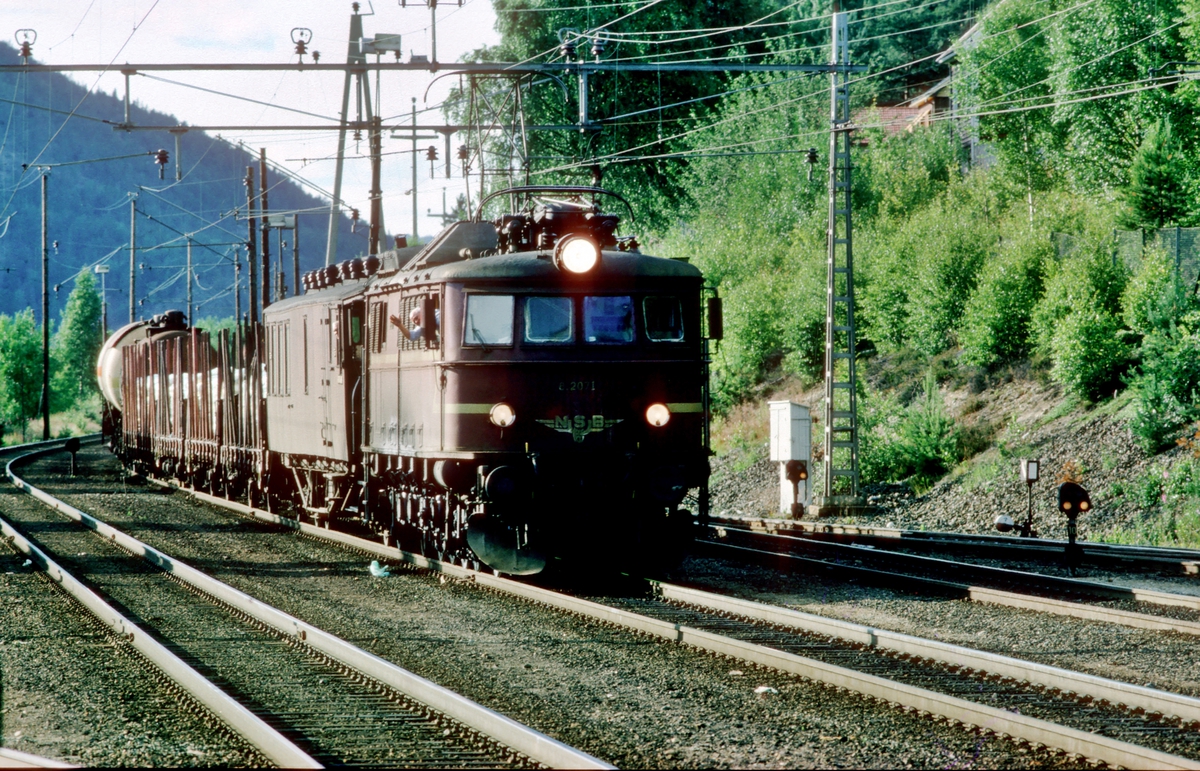 Godstog Tinnoset - Porsgrunn (Herøya) med lokomotiv type El 8 passerer Nordagutu.