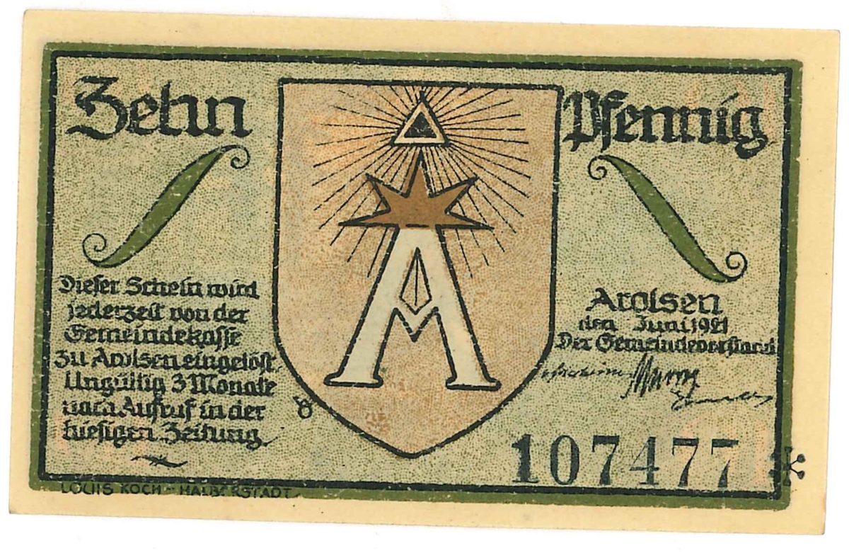 Sedel, 10 Pfennig, från år 1921.

Ingår i en samling sedlar, huvudsakligen från Tyskland.