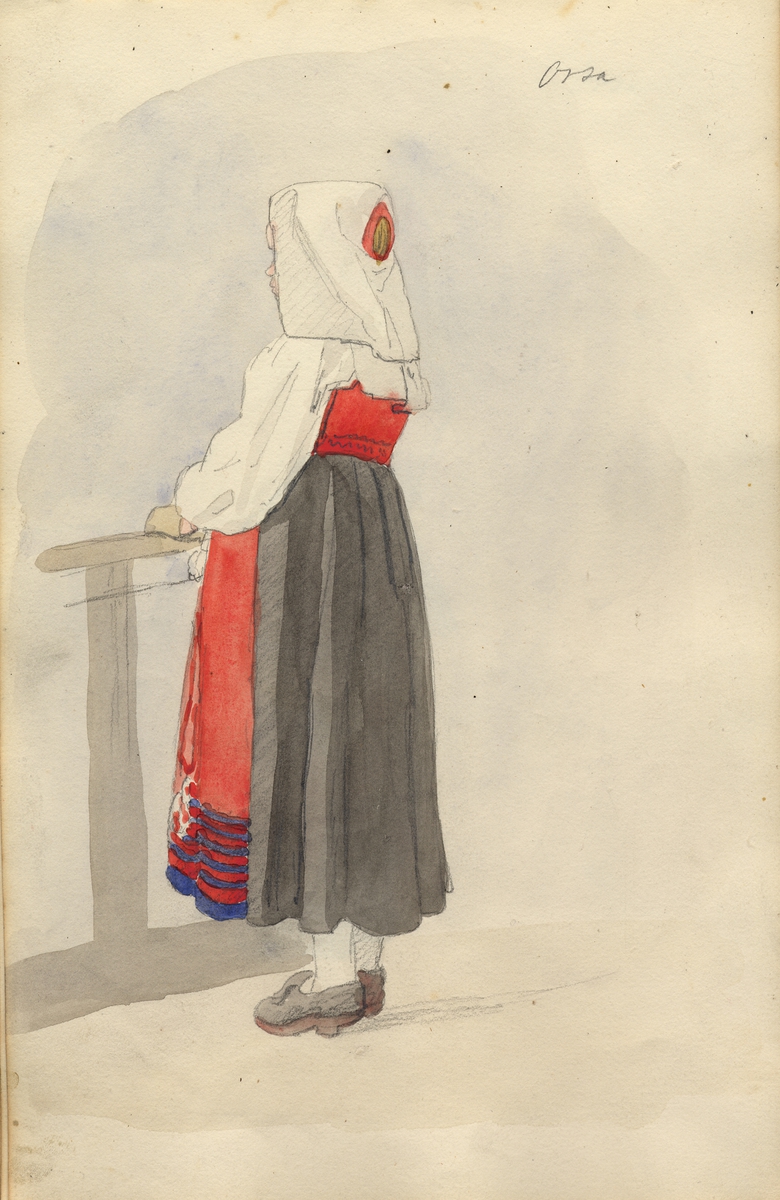 Akvarell. "Orsa " Kvinna i dräkt, sedd från sidan snett bakifrån, stående i helfigur . Ur Skissbok av A. J.G. Virgin