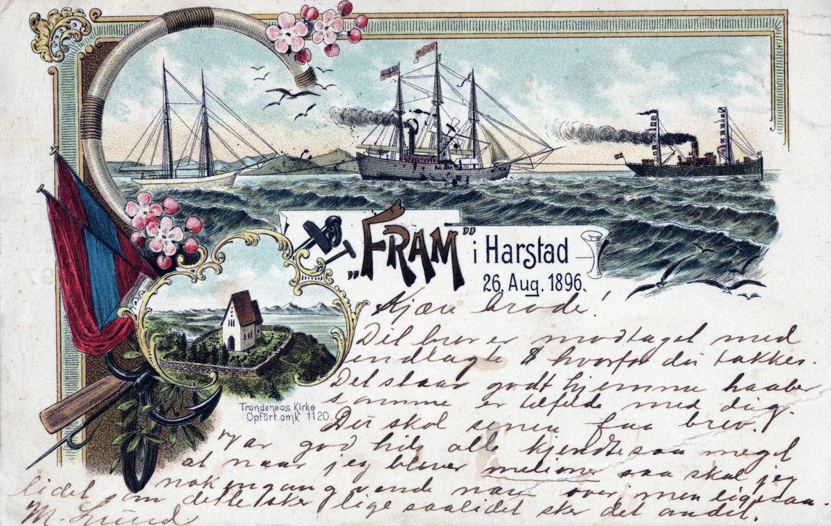 Postkort med tegnede motiv av fartøyer og Trondenes kirke.