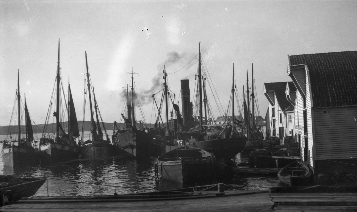 Dampskip og seilfartøy ankret opp ved Lothebryggen. Færing ved kai. Sjøhus til høyre.