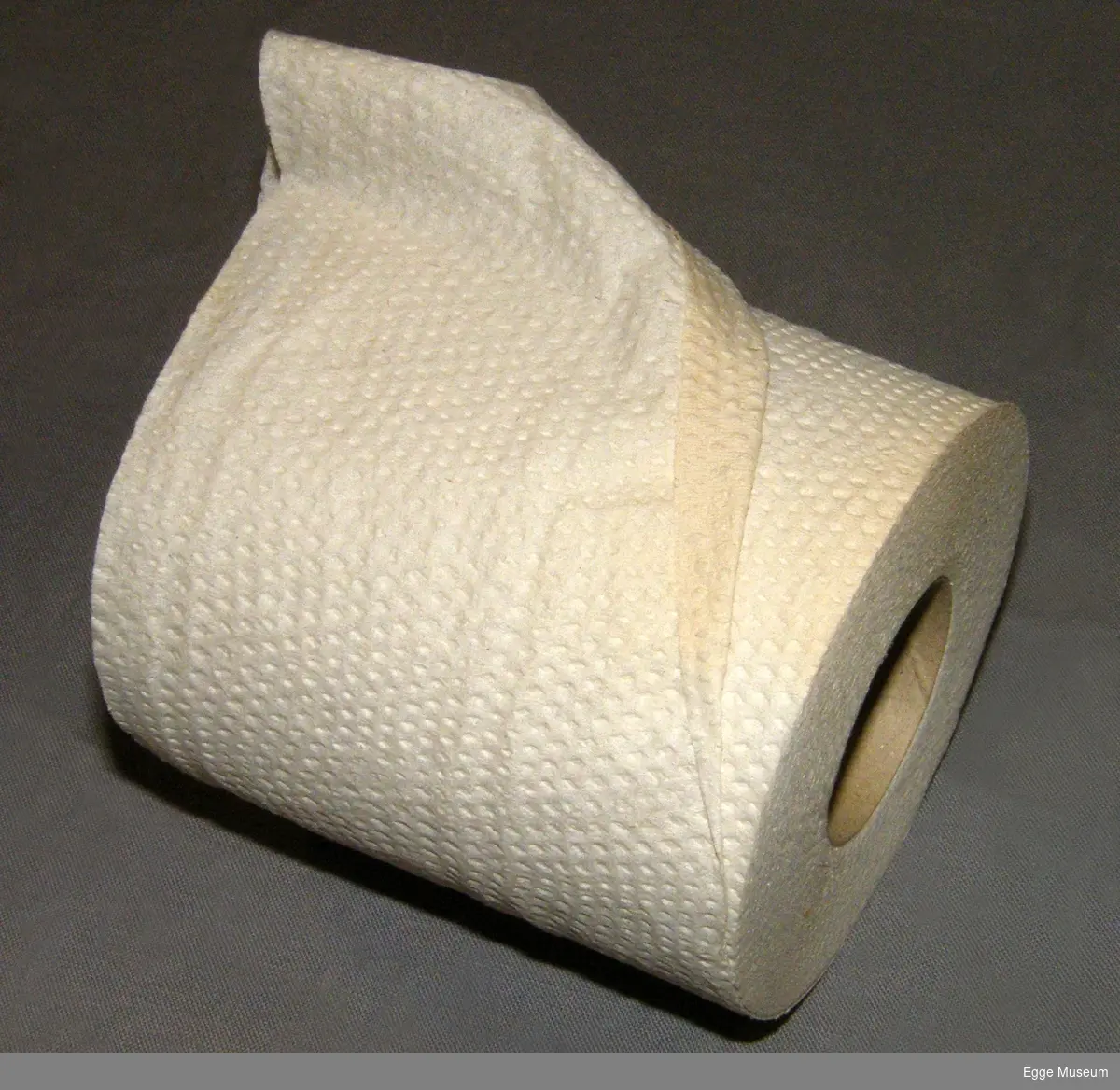 Rull med toalettpapir/dopapir, produkt fra treforedlingsindustrien. Usikker produsent. Mykpapir (tissue) er en type papir som anvendes til hygieneformål osv. Lages av kjemisk papirmasse eller returfiber avhengig av kvalitet. Produktet er kreppet. 

Brukt i undervisninga ved Skogskolen på Steinkjer.
